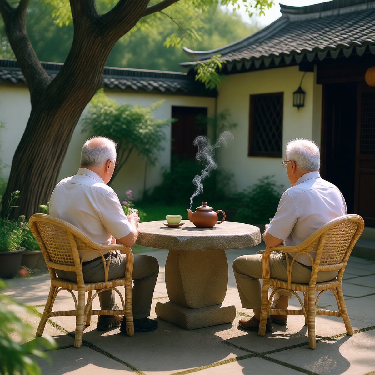 示例：他在小院晒太阳