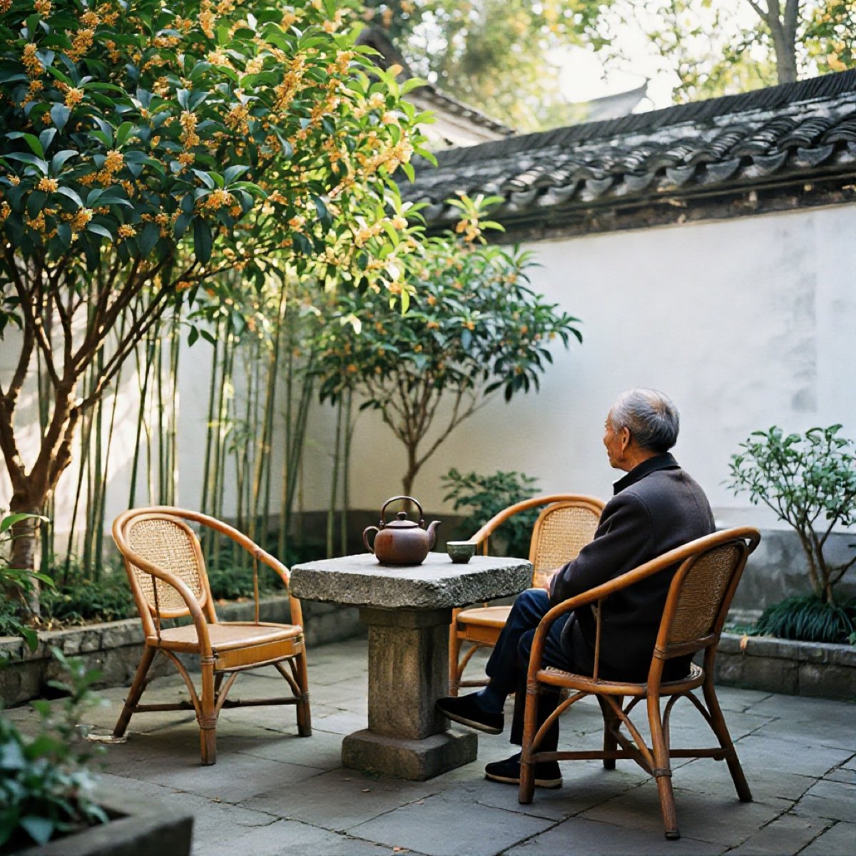示例：他在客厅喝茶